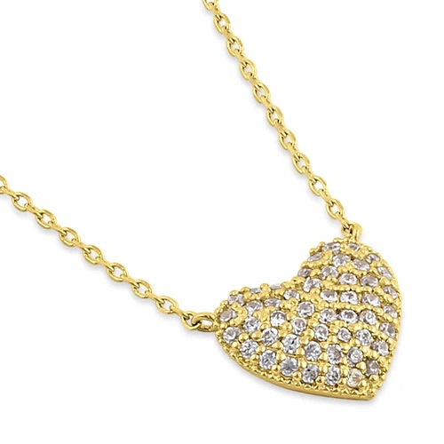 14K Yellow Gold Puffy Diamond Heart Pendant Necklace