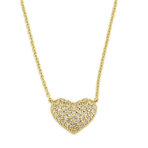 14K Yellow Gold Puffy Diamond Heart Pendant Necklace