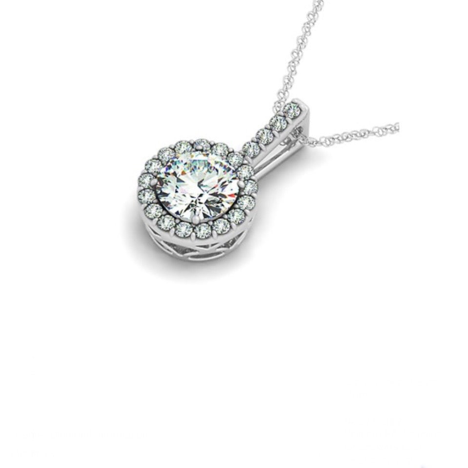 0.63 Cttw. 14K White Gold Pave Halo Diamond Pendant Necklace