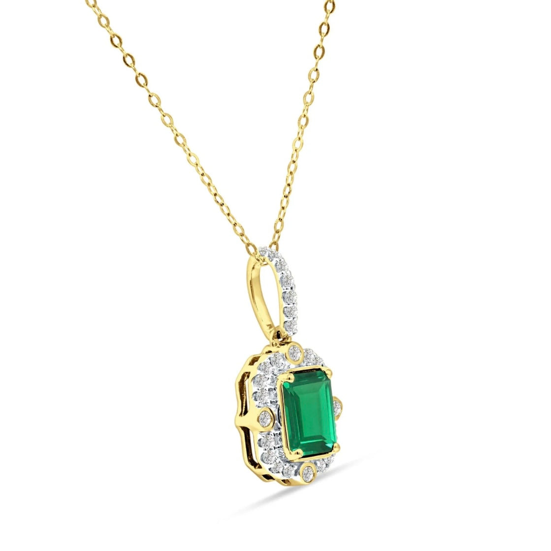 14K Yellow Gold Emerald and Diamond Halo Pendant Necklace