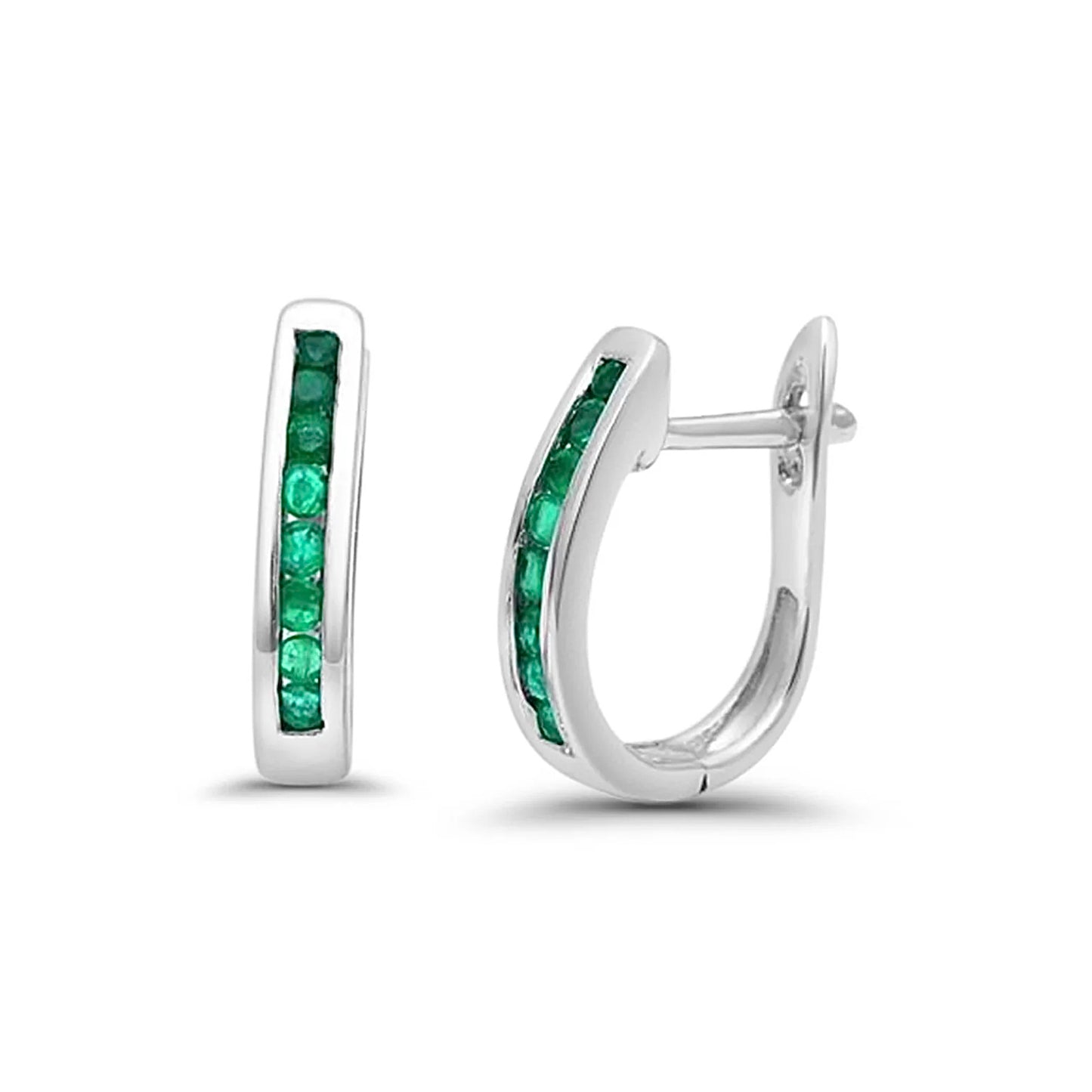 14K White Gold Emerald Hoop Earrings