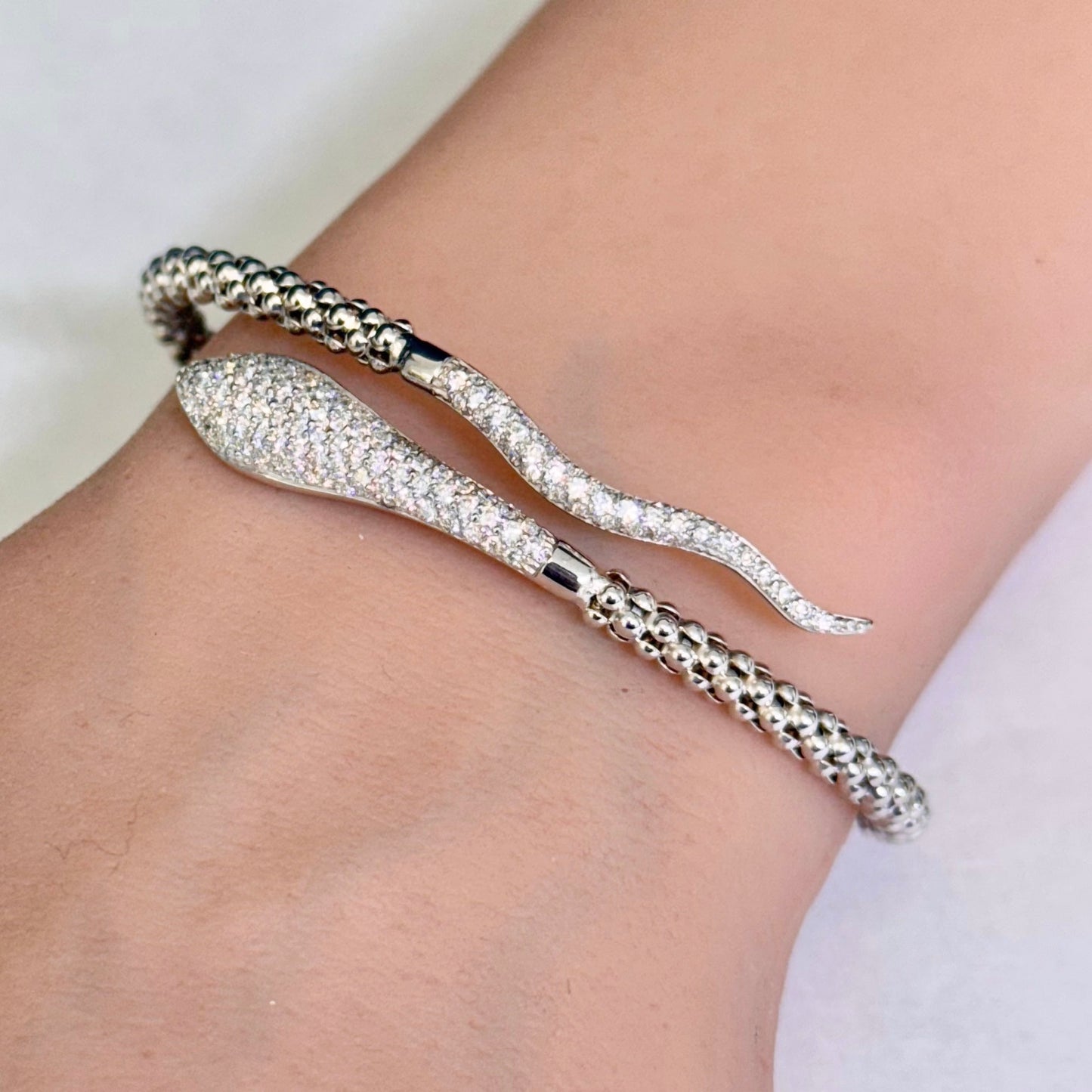 14K White Gold Diamond Snake Bangle Bracelet