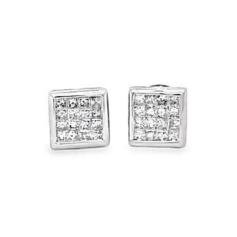 14K White Gold Square Diamond Fashion Earrings