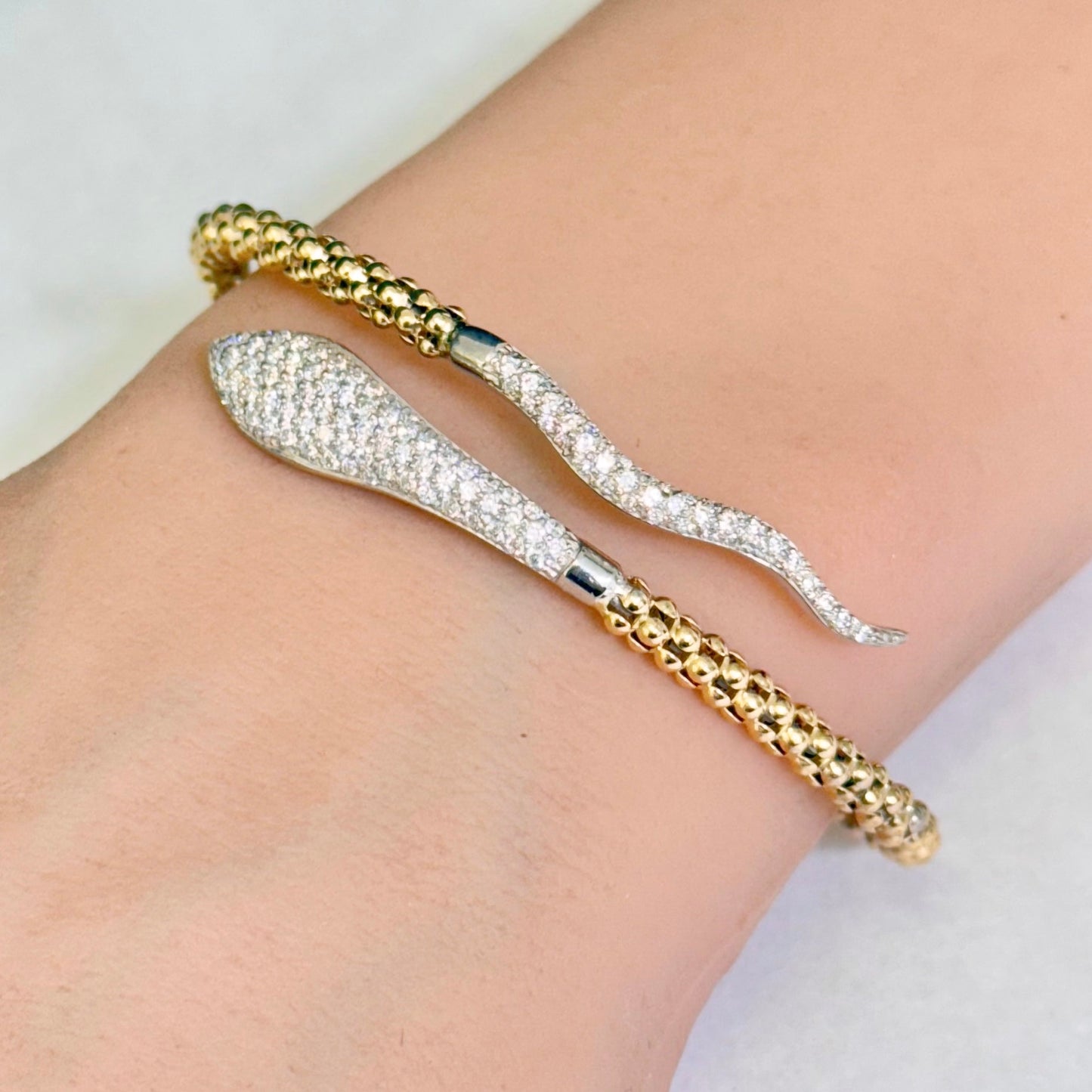 14K Yellow Gold Diamond Snake Bangle Bracelet