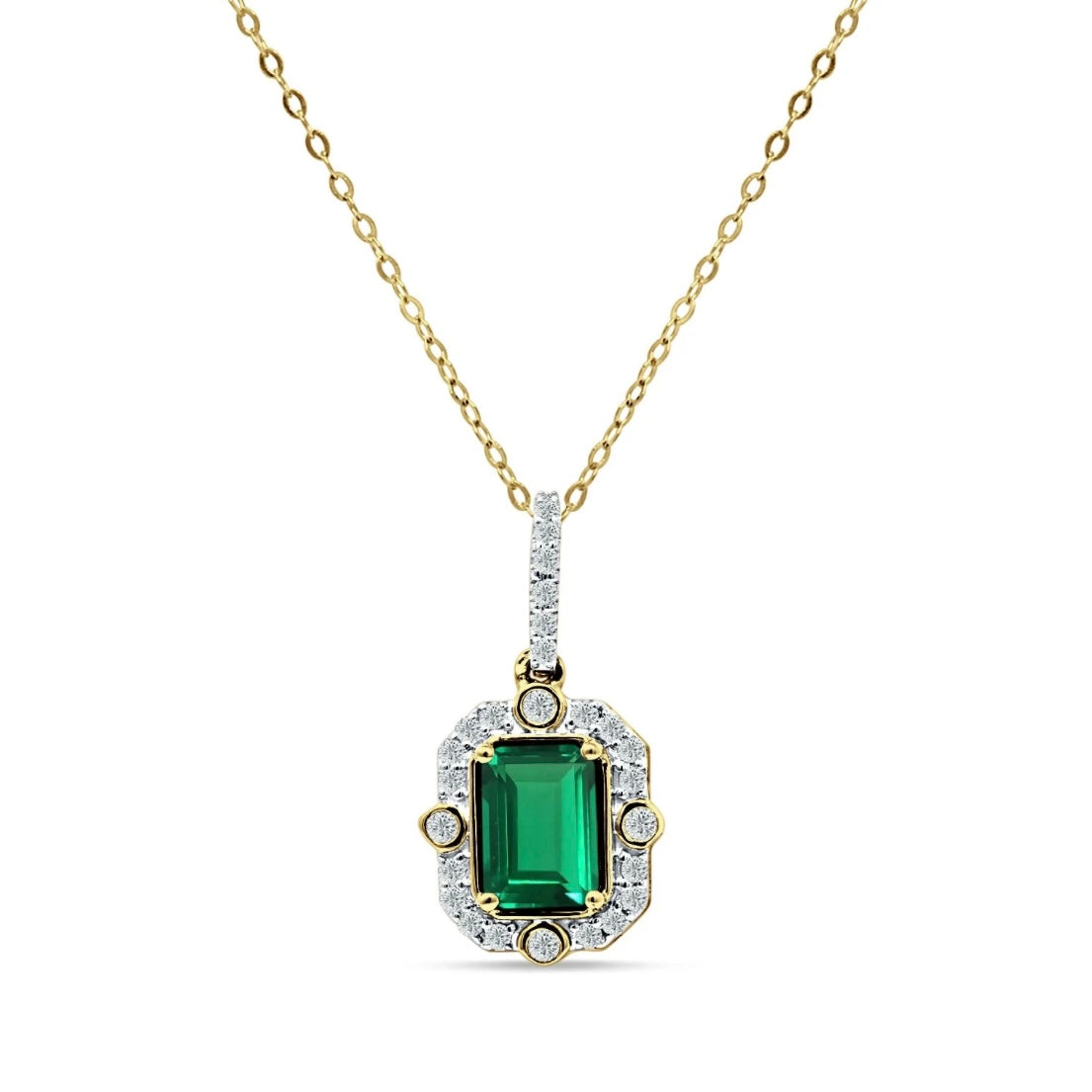 14K Yellow Gold Emerald and Diamond Halo Pendant Necklace