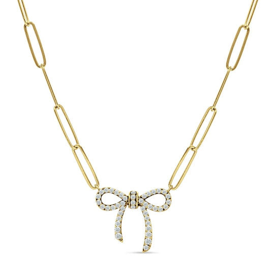 14K Yellow Gold Ribbon Bow Diamond Paperclip Chain Necklace