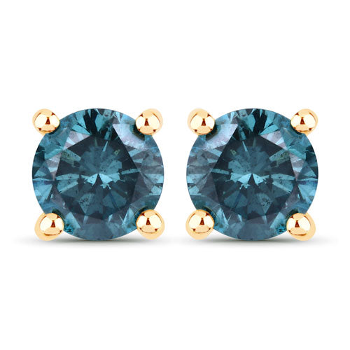 14K Yellow Gold Blue Diamond Stud Earrings