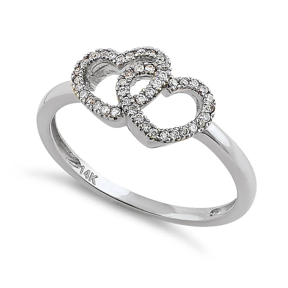 14K White Gold Double Diamond Heart Fashion Ring