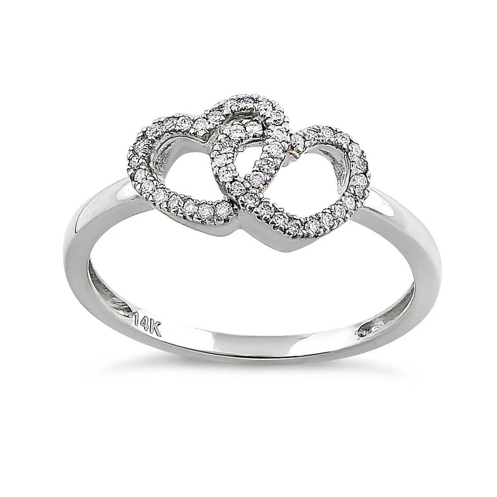 14K White Gold Double Diamond Heart Fashion Ring