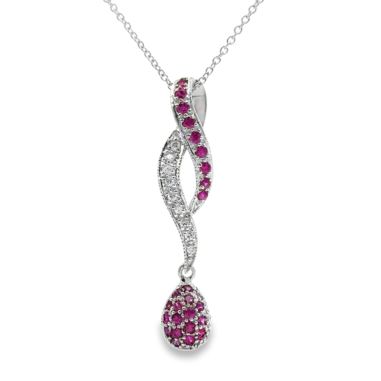 14K White Gold Ruby and Diamond Pendant Necklace