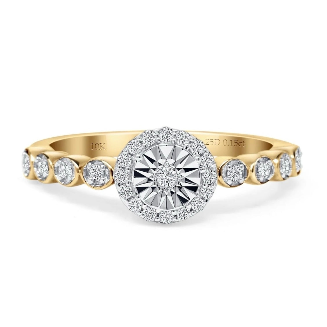 14K Yellow Gold Sparkling Round Diamond Halo Ring