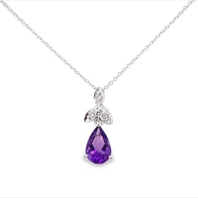 14K White Gold Amethyst Diamond Teardrop Pendant Necklace