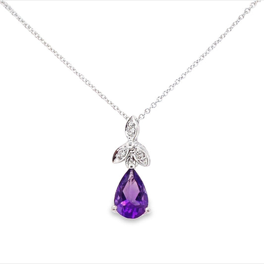 14K White Gold Amethyst Diamond Teardrop Pendant Necklace